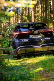 Rear view of a car in the forest with light falling between the trees, Deer E- Carsharing, Calw,