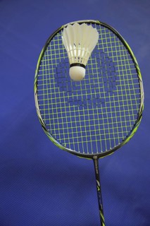 Badminton racket with shuttlecock, sport, badminton, sports equipment, racket, blue, white, studio