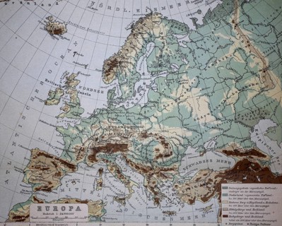 Map from 1890, elevation map of Europe, illustration, reproduction from a model from the 19th