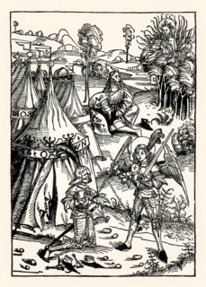 Woodcut, Michael Wolgemut, 1491, Joshua and the Angel, God's Call to Moses, Anton Koberger, Der