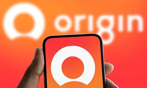 Origin Energy logo is displayed on smartphone. Origin Energy Ltd is an Australian energy company