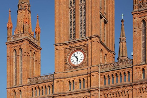 Neo-Gothic market church with clock, detail, tower, Wiesbaden, Taunus, Hesse, Germany
