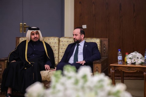 In Damascus, Syria on February 5, 2026, Syrian Foreign Minister Assad al-Shaibani meets with the