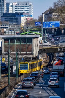 Motorway A40, Ruhr expressway, heavy traffic jam, rush hour, city passage in Essen, skyline of the