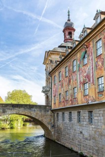 Facade painting on the Old Town Hall with Upper Bridge and Regnitz, Bamberg, Bavaria, Germany