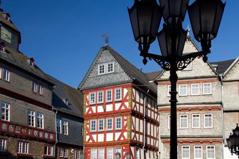 Half-timbered house, half-timbered houses, architecture, blue sky, half-timbering, Herborn, Hesse,