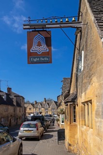 Pub Eight Bells, pub sign, Chipping Campden, The Cotswolds, England, Great Britain