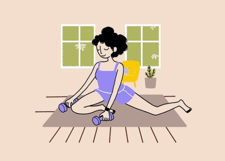Illustration of a woman practicing yoga at home, sitting on a mat and lifting dumbbells. The room