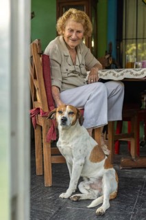 Elderly woman sitting at a table in her colorful home, gently petting her mixed breed dog, sharing