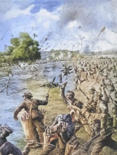 Bombs and bayonets in the foreground: an attack at dawn on the British front. The bombers equipped