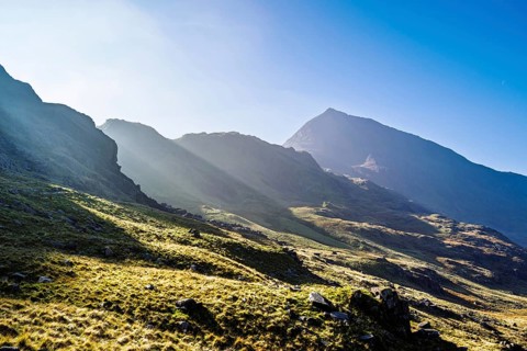 Autumn colours of Pen-y-Pass over Miner's Track, Start Point and road A4086, Snowdonia, Wales, UK