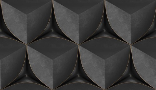 Bold and modern 3D geometric illustration with dark cubic shapes accented by golden edges, creating
