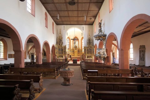Interior view of Gothic St. Michael church, Lohr am Main, Lower Franconia, Franconia, Spessart,