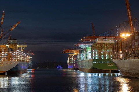 Blue Hour, container port, Eurogate and Burchardkai container terminals, container ships, Raddamper