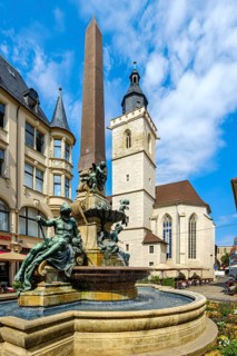 Old Anger Fountain and St Wigbert's Church on the Anger in Erfurt, Thuringia, Germany