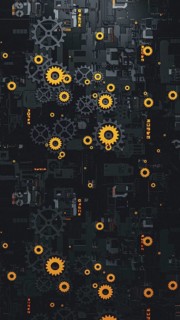 This abstract 3D background features a complex arrangement of gears in black and orange. The