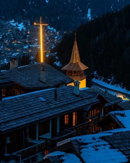 Snow-covered roofs of old farmhouses and barn storage, in the back the large illuminated wooden