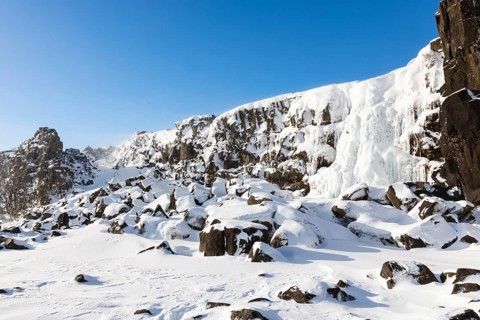 Öxarárfoss, frozen waterfall, lava rock, rock, snow, frost, winter, Golden Circle, Iceland,