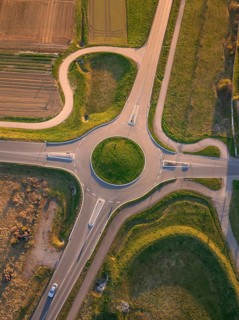 Aerial view of a rural roundabout surrounded by fields and roads, Nagold, Black Forest, Germany