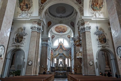 Church, Baroque Basilica of St. Mang, interior view, altar, Füssen, Ostallgäu, Bavaria Germany