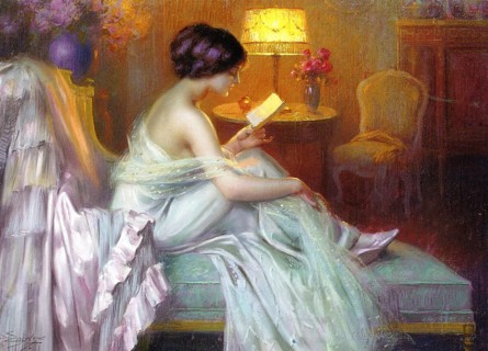 The work Reading at Lamp Light is a characteristic painting by the French academic painter Delphin