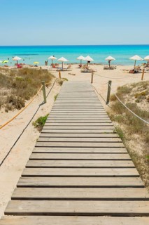Wooden bridge leading to Mitjorn beach, Formentera, Balearic Islands, Spain