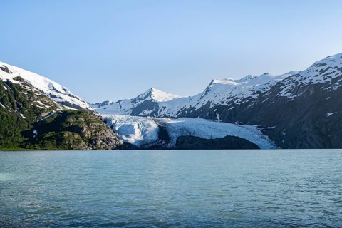 Snowy mountains and glaciers Portage Glacier on Portage Lake glacial lake, Chugach National Forest,