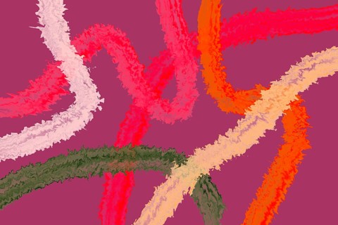 An abstract artwork featuring dynamic, colorful brush strokes layered over a vibrant purple