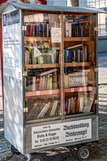 Showcase for the free exchange of used books, mobile bookcase, pedestrian zone, old town, Butzbach,