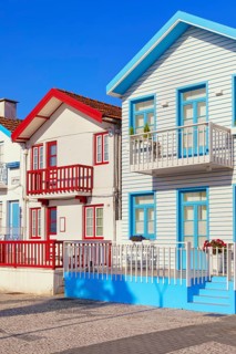Brightly painted beach homes, Costa Nova do Prado, Aveiro, Portugal
