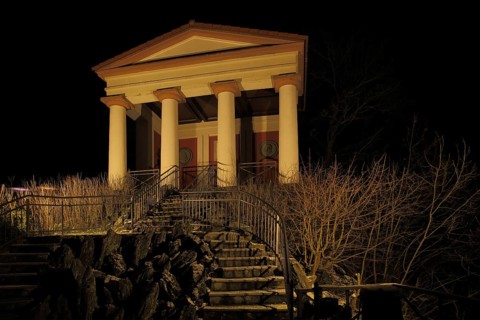 Classicist imperial temple with columns and architrave, night view, Eppstein, Taunus, Hesse,