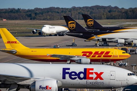 Cologne-Bonn Airport, CGN, UPS Boeing 747 freighter rolls on the apron, at the logistics center,