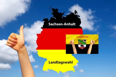 State elections in Saxony-Anhalt, map of Germany, country flag, thumbs up, confidence, studio shot,