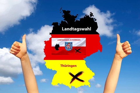 State election, state elections in Thuringia, elections, map of Germany, country flag, thumbs up,