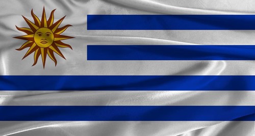 Flag of Uruguay with fabric textured background. Close up of National flag of Uruguay with