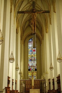 Crucifix and view into the choir, interior view of the Church of Our Lady, or Cathedral of Our