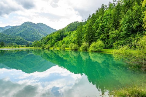 Landscape of Lake Elisabethsee on a rainy day in spring, Austria