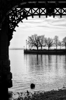 Detailed view, silhouette of the historic castle walkway built in 1879 on the banks of