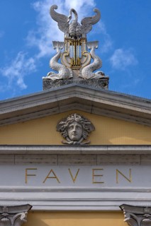 Figures on the roof of the city theatre, swan, lyre and fish, Bismarckplatz, Regensburg, Upper