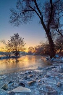 A frozen river in a wintry landscape at sunrise, Wörth am Main, Untermain, Main, Spessart,