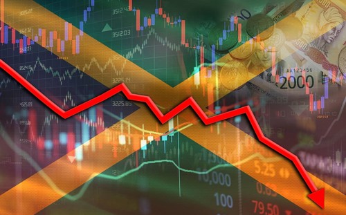 Jamaica financial fall on economy market. Jamaican financial crisis on economic graph