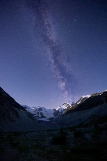 Starlit sky with Milky Way over Mountain Range, Canton of Grisons, Switzerland