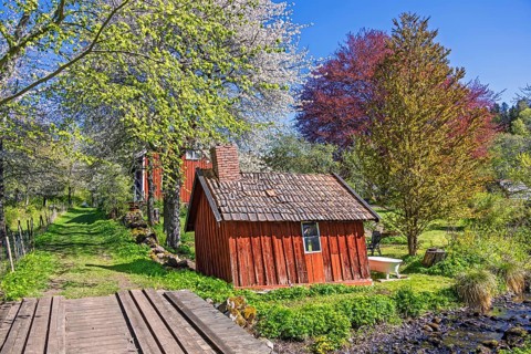 Idyllic small red wooden shed with beside a stream in a lush spring landscape and flowering lush