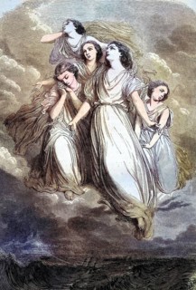 Five Women Floating Over the Stormy Sea, Sirens, Mermaids by Pierre-Gustave Staal, Historical,