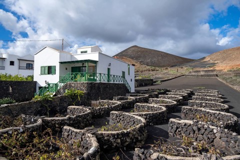 Typical white house between volcanic landscape, traditional winegrowing on Lapilli volcanic sand,