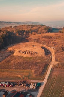Landscape with a large hill surrounded by trees and fields at dawn, landfill, Gechingen, Calw