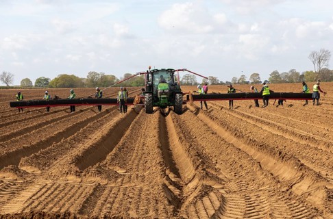 John Deere 6R tractor with wide-boom conveyor system, which acts as a planting platform for