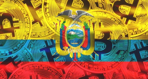 Golden bitcoin coins on Ecuador flag background. Bitcoin coins on Ecuador flag background