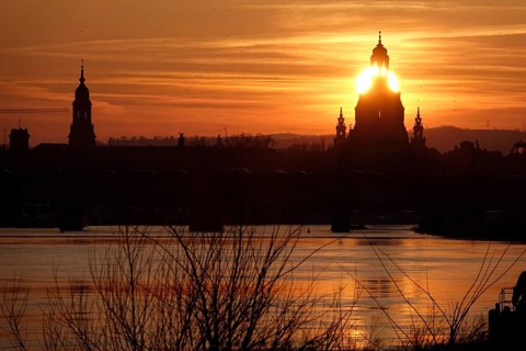 View of Church of Our Lady Dresden across the Elbe, sunset, winter, Saxony, Germany