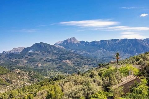 Scenic mountain view with houses surrounded by lush green vegetation a sunny summer day with a blue